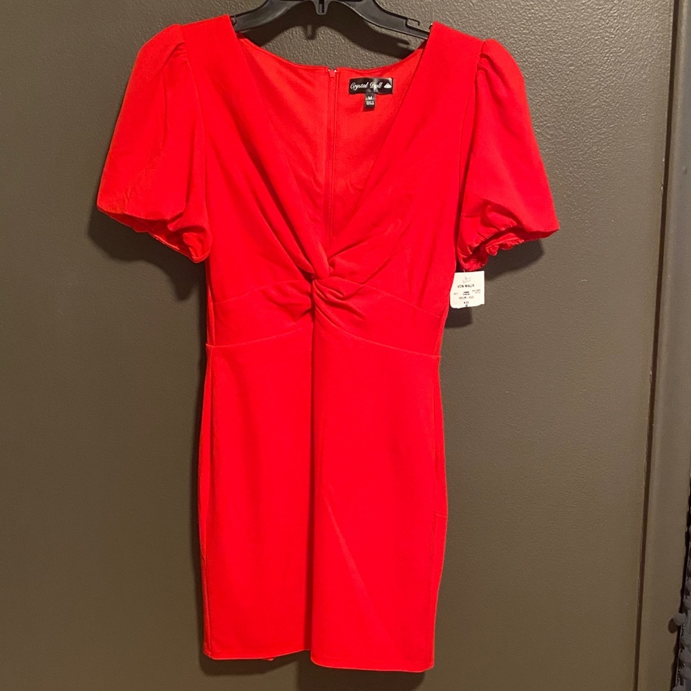 Crystal Doll Red Puff Sleeve Mini Dress
